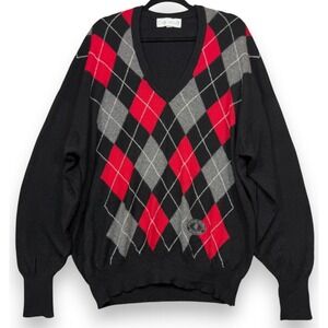 Clark Gregory 100% Pure Cashmere Sweater Men 2L Black Red Argyle V Neck Scotland